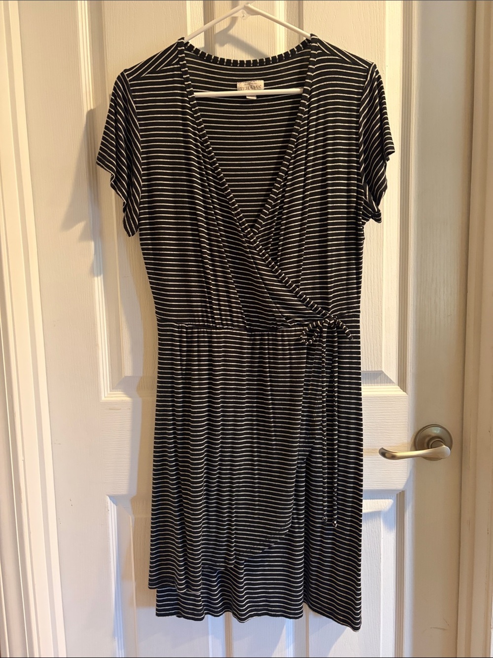 TEHAMA Black and White Striped Faux-Wrap Mini Dress